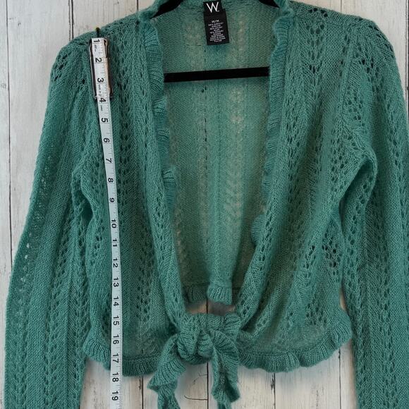 W by Worth Teal Mohair Blend Open Knit Tie Front Cropped Sweater Size Medium - Picture 9 of 10